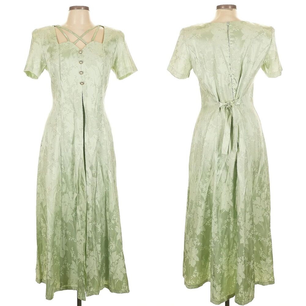 Vintage 90s Sarah Richards Maxi Dress Sage Green Floral Embossed Cottagecore 11